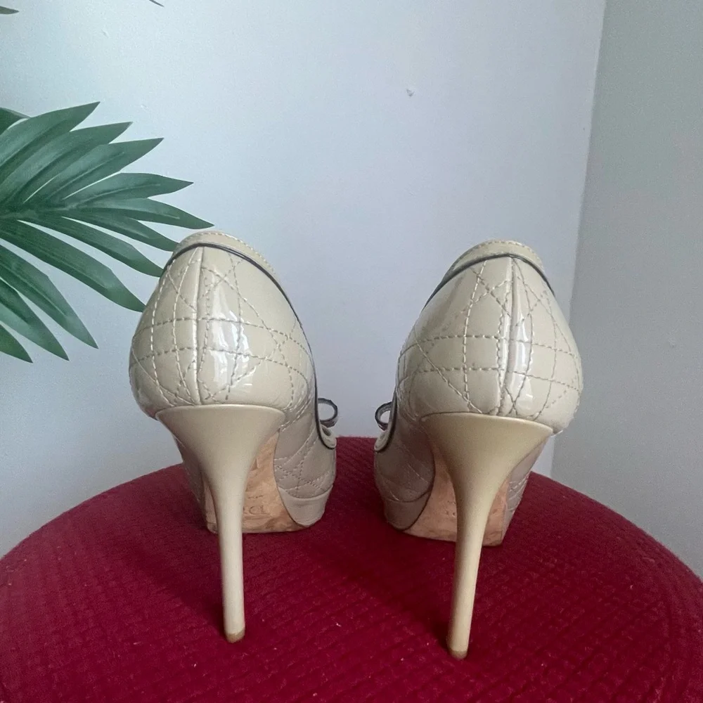 Dior Cream Peep-Toe Pumps with Black Patent Bow Accent - Picture 6 of 7